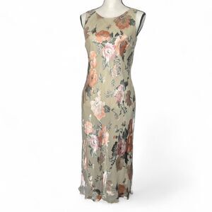 Casual Corner Vintage Silk Cream Pink Floral Midi Dress Velvet Details Size 8